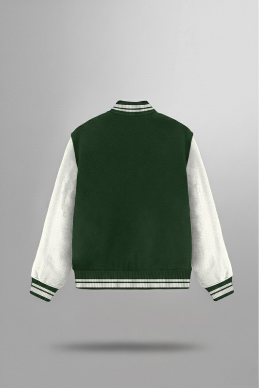 Mens Bottle Green Varsity Jacket 300 GSM Derby Ribbed Collar, Button Closure
