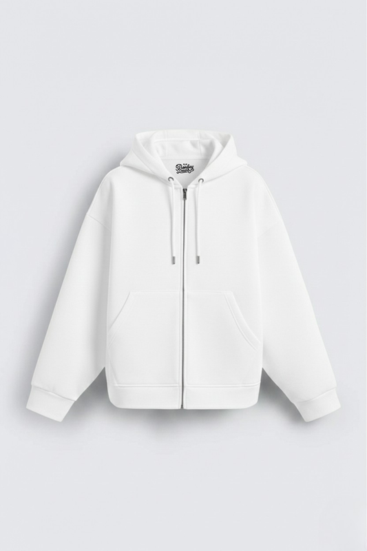 Mens White Zip Hoodie  400 GSM Metal Zipper, Bio-Washed