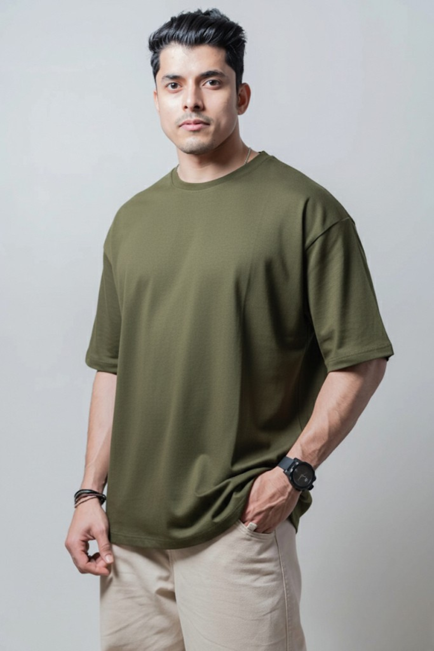 Men’s Olive Green Oversized Classic Cotton T-Shirt – 240 GSM