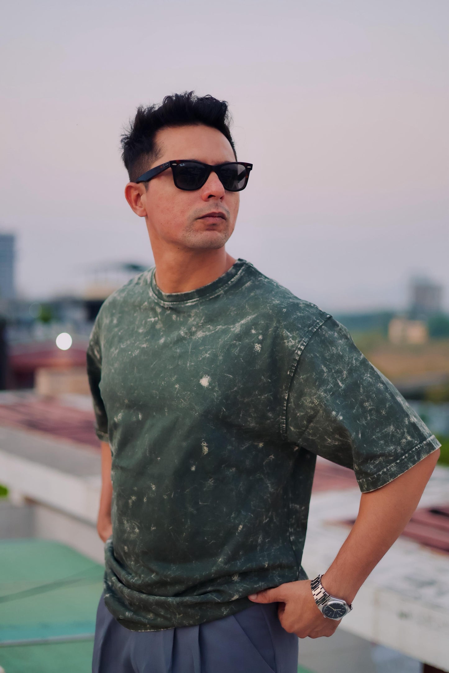 Acid Wash Oversized T‑Shirt for Men | 240 GSM Heavyweight 100% Cotton | Olive Green
