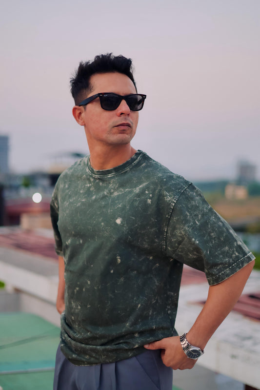 Acid Wash Oversized T‑Shirt for Men | 240 GSM Heavyweight 100% Cotton | Olive Green