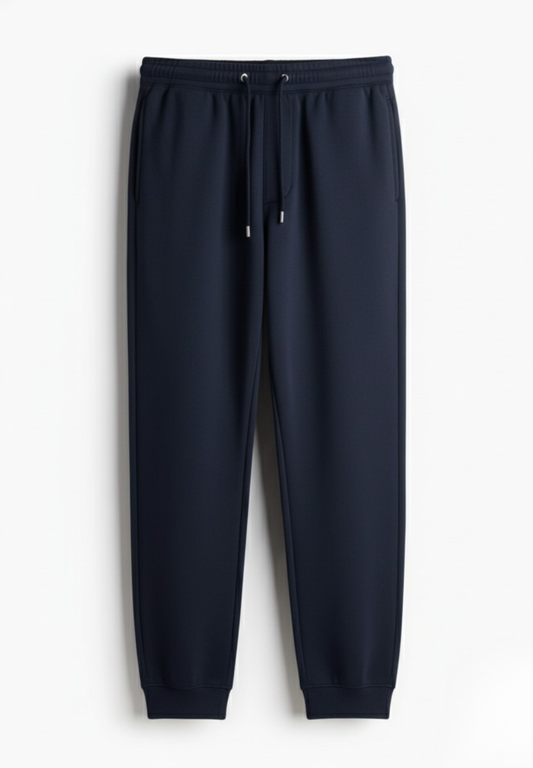 Navy blue jogger pants on a white background